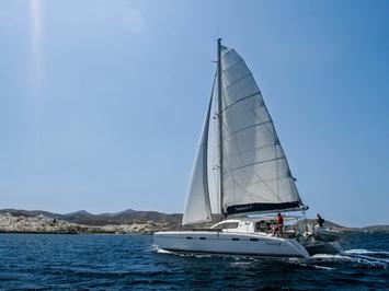 Private catamaran boat for rent in Lavrio, Greece, for up to 8 guests.