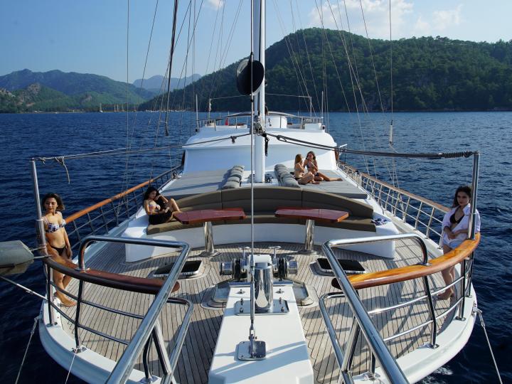 This wonderful deluxe  gulet sailing at the coasts of aegean and Mediterranean is 34 meters long and for 12 people.